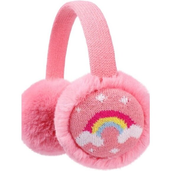 ⚡Kids Pink Knitted Rainbow Winter Outdoor Plush Adjustable Warm Ear Muffs - Picture 1 of 7